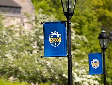 outdoor lamp posts with blue Pitt banners