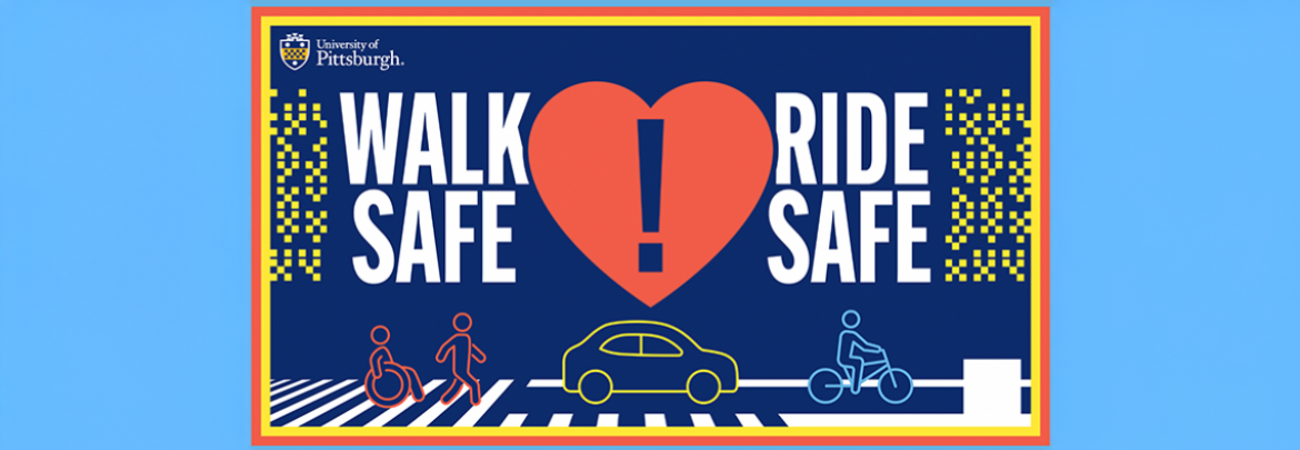 Illustration of pedestrians, wheelchair user, car, and bike moving along a street; text reads "Walk Safe, Ride Safe"