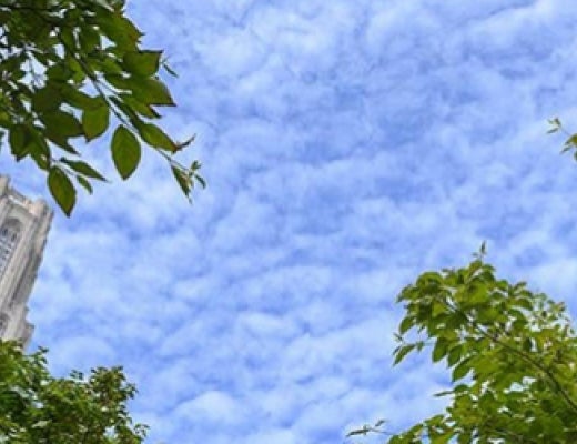 Cathedral of Learning behind trees against blue sky